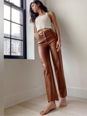 Aritzia The Melina Pant High-Rise Vegan Leather Straight Leg Rich Cognac Size 2